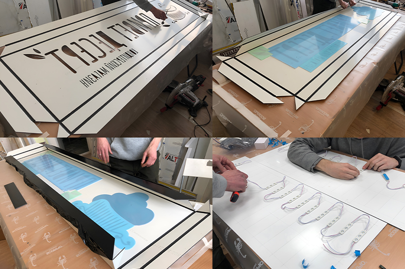 Алюминиевые композитные панели — это многослойный строительный материал. Он состоит из внешних листов алюминия и полимерного ядра, которые скреплены клеем. Преимущество композита в легкости, малой толщине до 6 мм и огнестойкости. Это делает его идеальным материалов для вывесок.